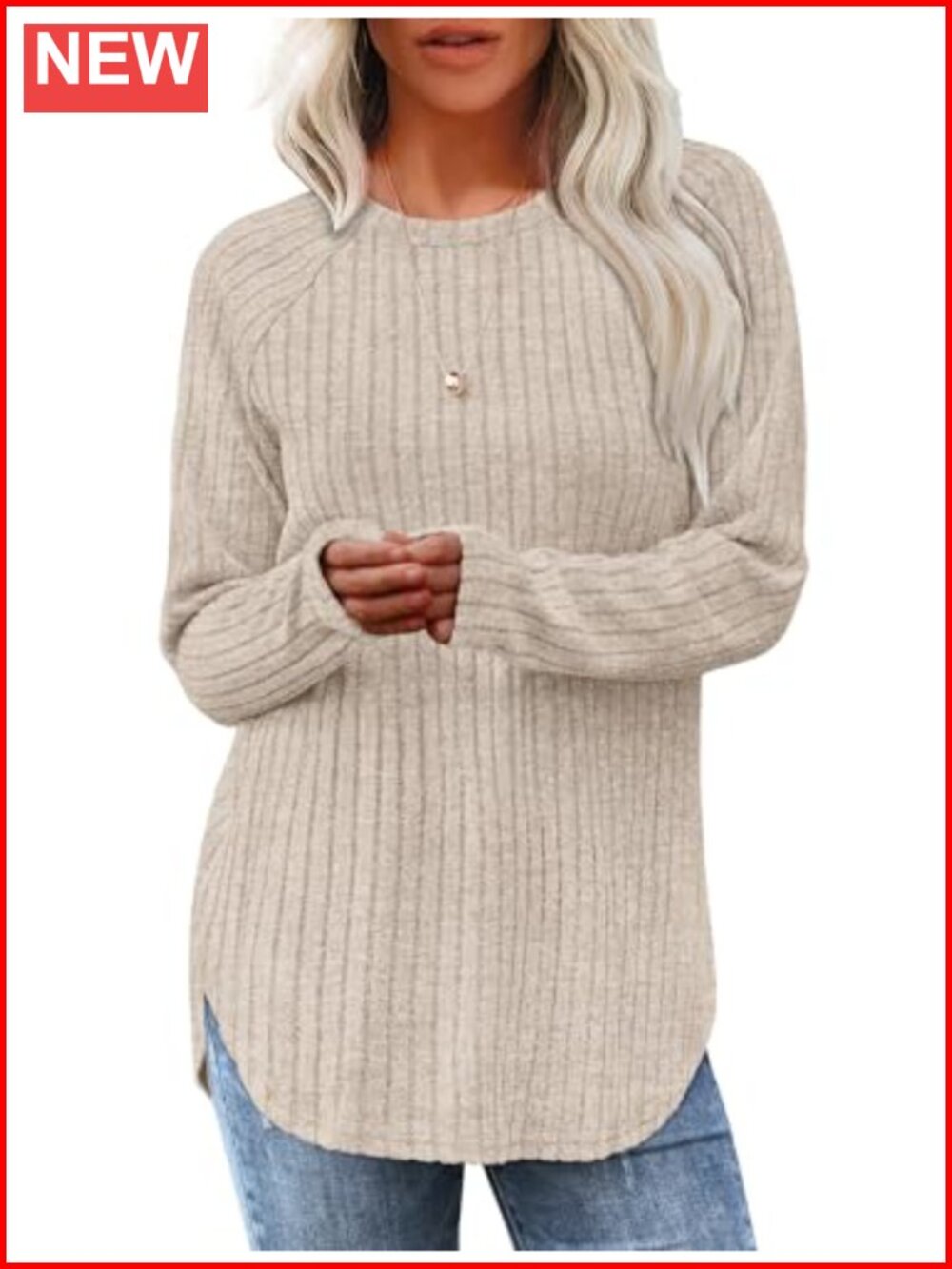 Women's Long Sleeve Tunic Top Loose Fit Crewneck Pullover Curved Hem